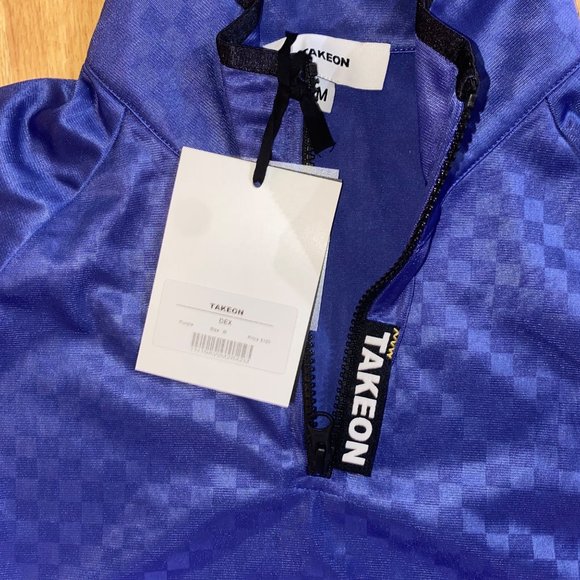 TAKEON Dex Pullover Sweater Indigo Blue Purple Size Medium Mens Checkerboard Zip - Picture 2 of 10